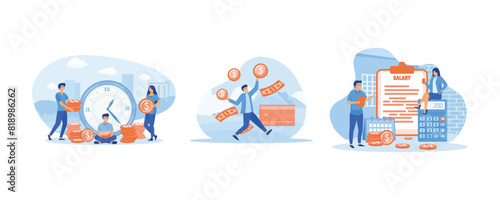 Work Payment Salary. Payroll, annual bonus, income, payout with paper calculator and people. Salary vector concept. Set flat vector modern illustration