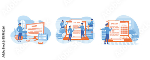 Salary payment concept. Payroll, Salary payment with Tiny People Character Concept. Online income calculate and automatic payment. Set flat vector modern illustration