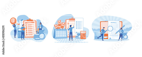 Payroll, Salary payment with Tiny People Character Concept. Payroll income concept. Male and female working on payroll administrative. Set flat vector modern illustration