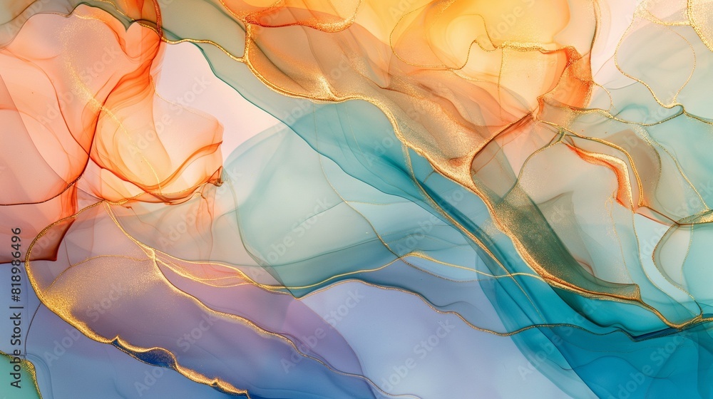 Art painting style with soft and dreamy colorful marble abstract waves and sparkling golden lines.
