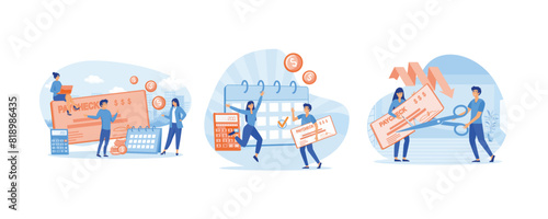 Salary and payroll concept. Calendar with payday, business people getting a paycheck. Boss cutting staff employee pay, reducing running costs of a company. Set flat vector modern illustration
