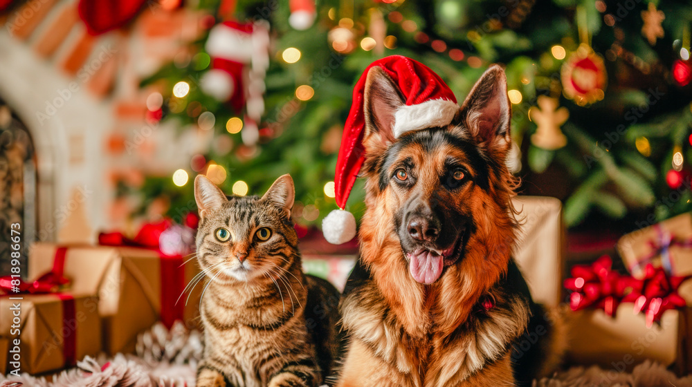 German Shepherd and Cat in Santa Hat Celebrating Christmas