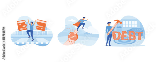 Trap of credit card debt concept. Fighting for profit. Businessman trying to crush and smash the heavy debt burden. Set flat vector modern illustration