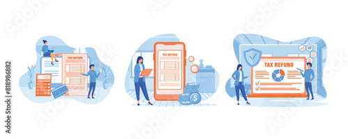 Tax refund concept. Online Refund Tax payment. Woman checking tax payment. Idea of accounting and payment. Set flat vector modern illustration