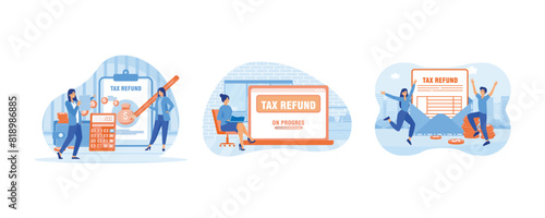 Two female making tax refund. Business people with online Tax Refund status on the laptop computer. Happy people getting paid money back. Set flat vector modern illustration