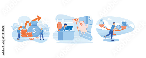 Tax Burden Payment Obligation. Businessman scared with tax debt burden. Businessman use coins balancing with TAX on scales. Set flat vector modern illustration