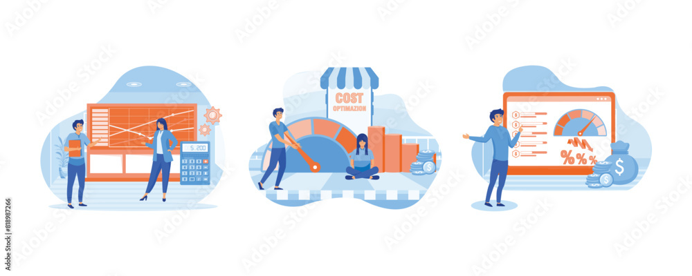 Cost optimization concept. Cost optimization typographic header. Idea of financial and marketing strategy. Set flat vector modern illustration Cost optimization concept. Cost optimization typographic header. Idea of financial and marketing strategy. Set flat vector modern illustration