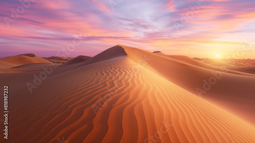 A serene desert sunrise, with the sky painted in hues of pink and orange as the first light of day bathes the endless dunes in a warm, golden glow. 32k, full ultra hd, high resolution © Bilal