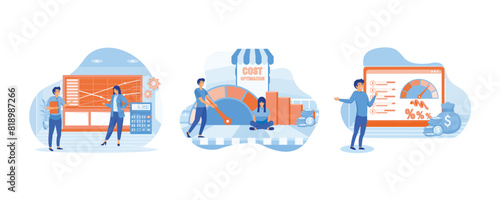 Cost optimization concept. Cost optimization typographic header. Idea of financial and marketing strategy. Set flat vector modern illustration