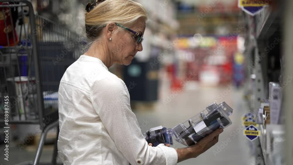 Mature woman comparing door knobs in a big box hardware store shopping for home renovation construction project. Mature woman comparing door knobs in a big box hardware store shopping for home renovation construction project.