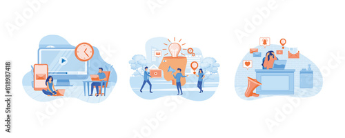 Tiny business people watching at digital devices screens and clock. Digital information overload. Digital overload concept. Set flat vector modern illustration