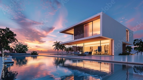 Exterior of modern minimalist cubic villa with swimming pool at sunset. 