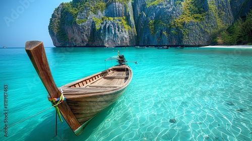 Closeup of a traditional longtail boat anchored on the shore of Phi Phi Island, with crystalclear waters and dramatic limestone cliffs in the background