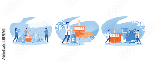 Tiny people diabetic medications and glucometers for sugar level blood test. Illness treatment with insulin injection. Diabetic Blood Glucose Level Test. Set flat vector modern illustration