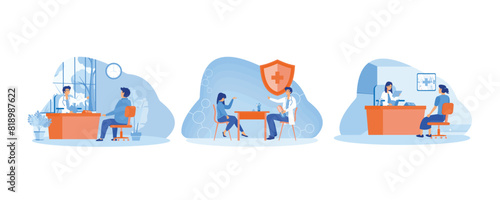 Man at the doctor's appointment. Patient in the doctor’s office. Patient having Consultation about Disease Symptoms with Doctor Therapist in Hospital. Set flat vector modern illustration