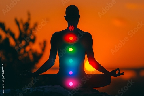 Silhouette of a Person in Meditation with Chakra Points