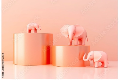 Playful Monochromatic Display of Pink Elephants on Copper Pedestals
