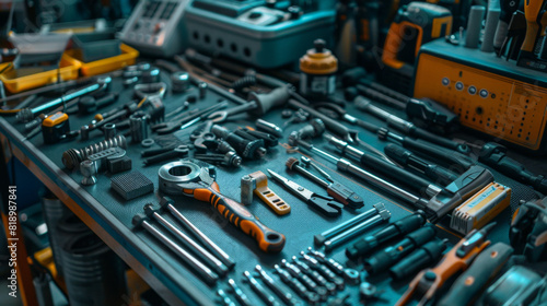 An array of various tools neatly arranged on a workbench, showcasing an organized tool collection for repairs.