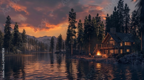 A serene lakeside cabin nestled among towering pine trees, with a cozy fire burning in the hearth and the tranquil waters of the lake reflecting the fiery hues of a spectacular sunset sky.  © canada
