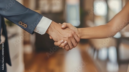 Focus on the congratulatory handshake. The real estate agent agrees to buy the home the customer at the agent's office. concept agreement  photo