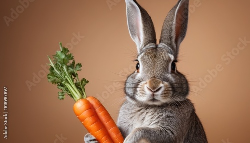 A charming rabbit with soft fur clutching a fresh carrot against a warm, solid background, symbolizing healthy eating.