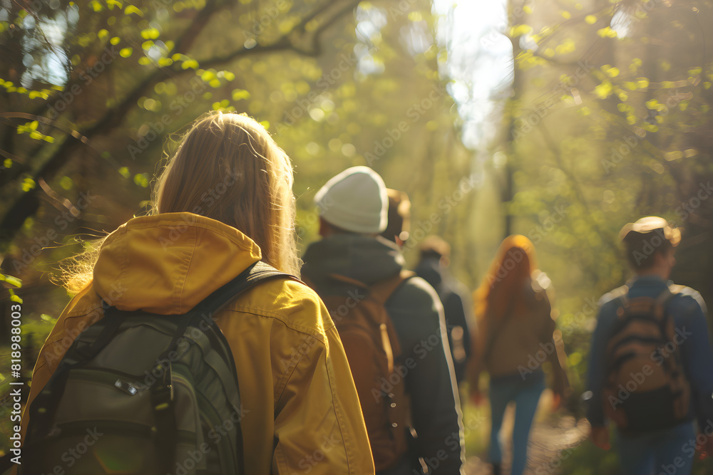 A group of teenagers enjoying a leisurely walk through a spring forest, bonding and exploring the wilderness together. A group of teenagers enjoying a leisurely walk through a spring forest, bonding and exploring the wilderness together.