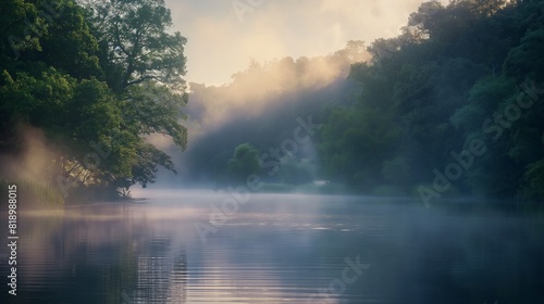 A serene lakeside scene at dawn  where mist gently rises above the water  enveloping the surrounding trees in a soft  ethereal glow. 32k  full ultra hd  high resolution