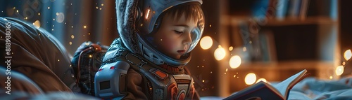 A young boy dressed in an astronaut suit is sitting on a bed reading a book photo