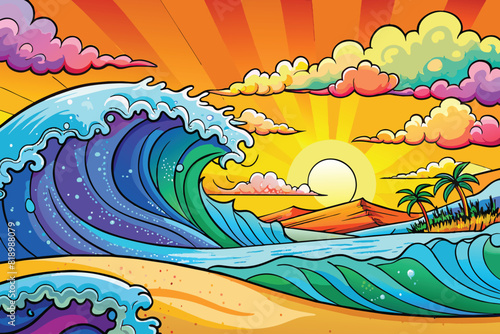 Colorful ocean wave. Sea water wave shape. Sunset light and beautiful clouds on beach background. AI GENERTAED