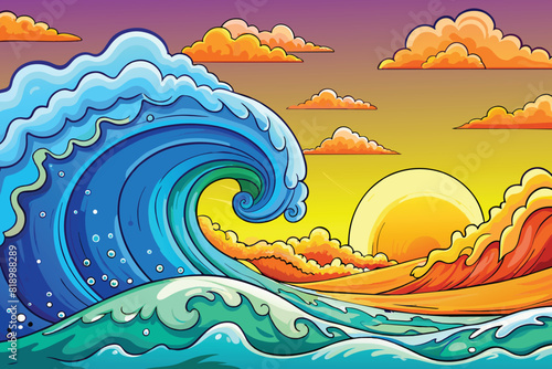 Colorful ocean wave. Sea water wave shape. Sunset light and beautiful clouds on beach background. AI GENERTAED