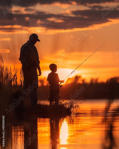 A father and son are fishing together at sunset