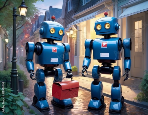 Twin robots with red mailbags and cheerful eyes deliver mail on a cobblestone street, depicting futuristic postal service.. AI Generation photo
