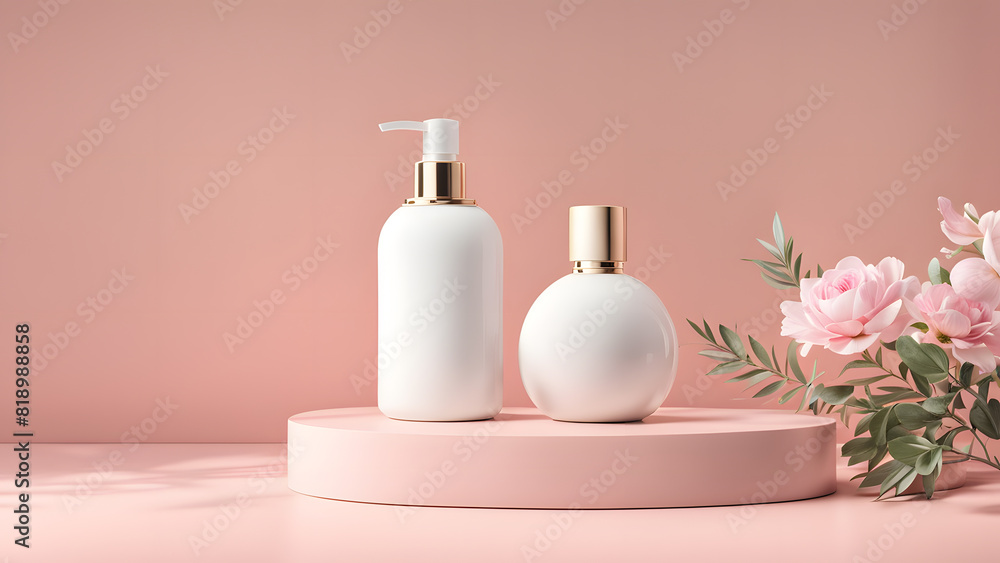 a bottle of lotion and a bottle of lotion on a pink surface a bottle of lotion and a bottle of lotion on a pink surface