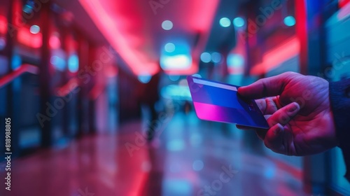 A hand holding a credit card in front of a blurred background of a shopping mall photo