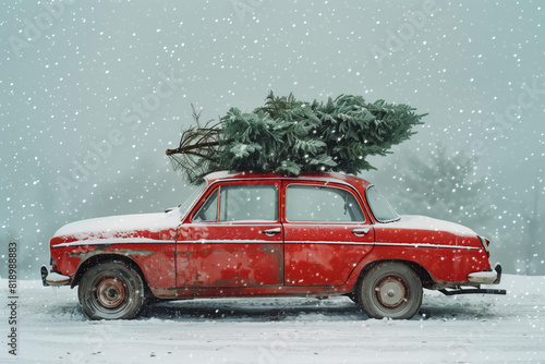 red retro car carries a large fir tree on its roof. snowing. Christmas cheer, Holiday travel, Winter wonderland, Nostalgia, Homecoming, Family tradition, New Year's celebration