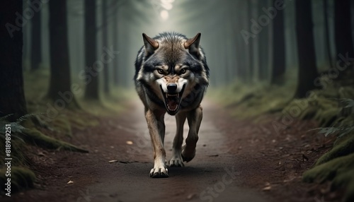 Angry lone wolf walking alone in a forest path, showing teeth, front face ready to attack 4k wallpaper created with generative ai photo