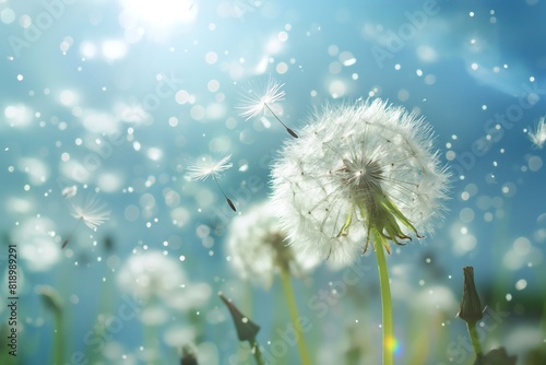 A dandelion gracefully swaying in the wind under the bright sun.