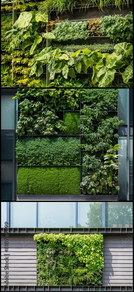 Various plants of different shapes and sizes thriving on the side of a building, creating a lush vertical garden. Various plants of different shapes and sizes thriving on the side of a building, creating a lush vertical garden.
