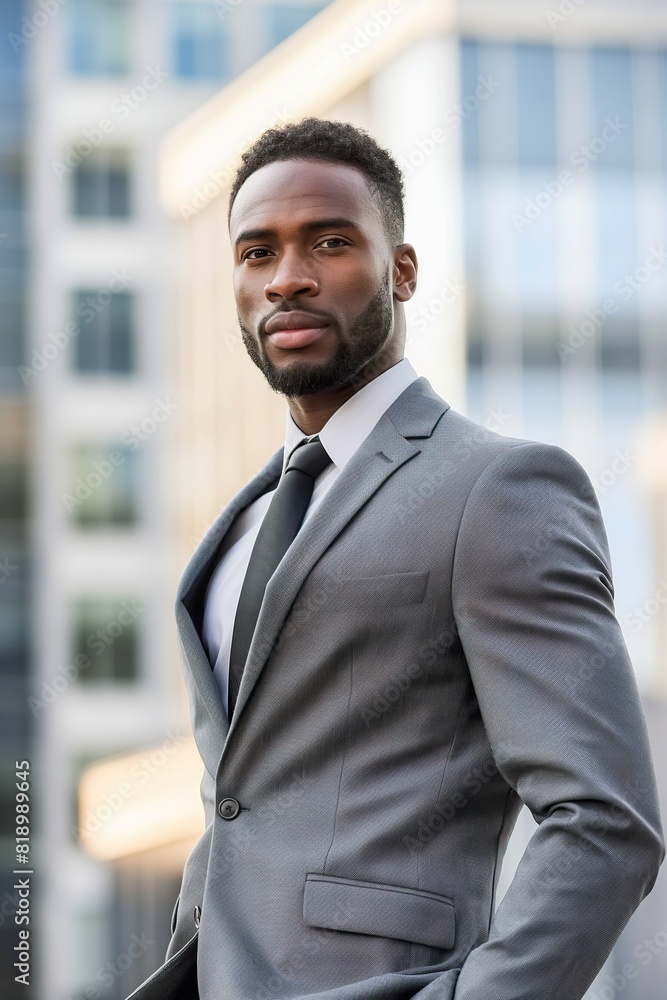 African American ceo businessman in suit and tie standing in front of a building. African American ceo businessman in suit and tie standing in front of a building.