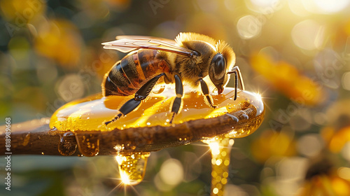 A photorealistic image of a bee perched on the edge of a wooden spoon dripping with honey, sunlight illuminating the sticky golden liquid.