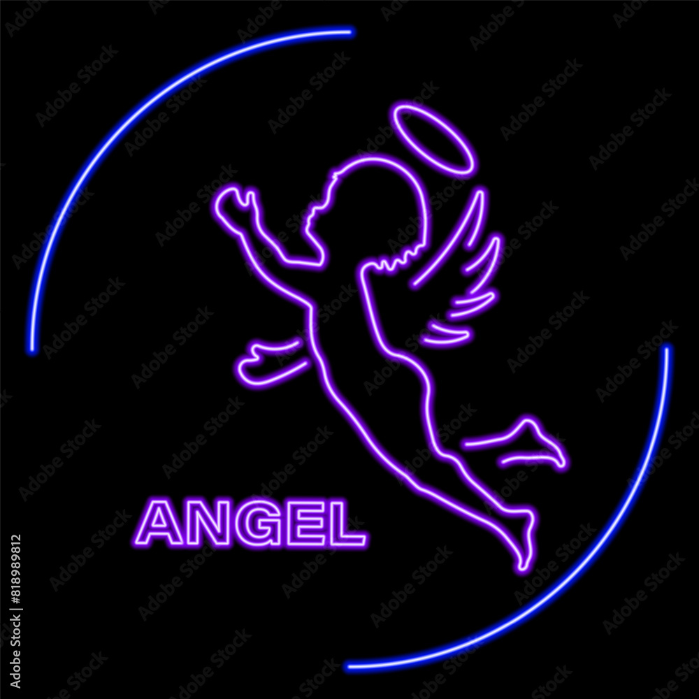 angel neon sign, modern glowing banner design, colorful modern design trend on black background. Vector illustration. angel neon sign, modern glowing banner design, colorful modern design trend on black background. Vector illustration.
