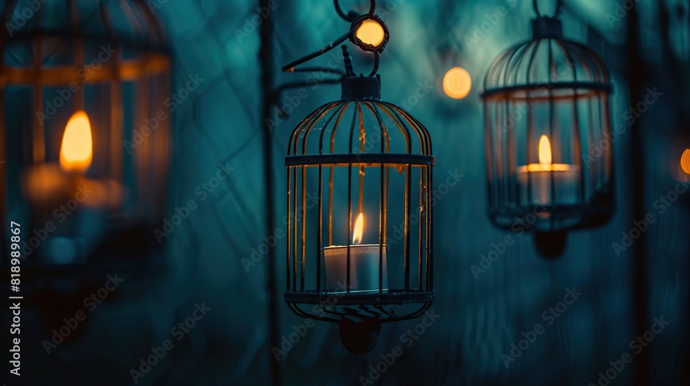 Freedom cages, candles in birdcages symbolizing freedom, broken chains concept 