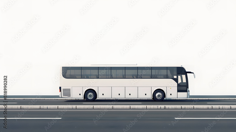 Beautiful highway with white travel bus, picturesque journey, tranquil, vivid, wide angle, 70mm, high detail isolated on white background, photo, png
