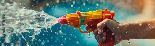 Someone is holding a water gun with water coming out of it