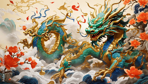 The image is of a green and gold dragon with clouds in the background.  