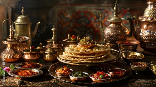 Crisp papadums  stacked high and served with an assortment of zesty chutneys  arranged on gleaming copper platters against a backdrop of traditional Indian brassware and hand-painted ceramics.