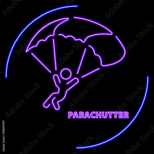 Parachutist neon sign, modern glowing banner design, colorful modern design trend on black background. Vector illustration.