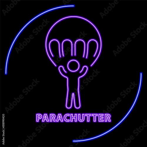 Parachutist neon sign, modern glowing banner design, colorful modern design trend on black background. Vector illustration.