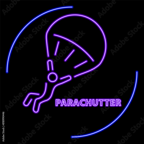 Parachutist neon sign, modern glowing banner design, colorful modern design trend on black background. Vector illustration.