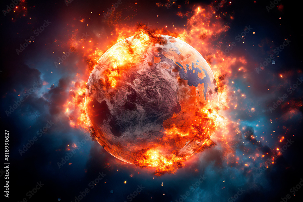 Burning and exploding planet Earth. The concept of global disaster and warming. Burning and exploding planet Earth. The concept of global disaster and warming.